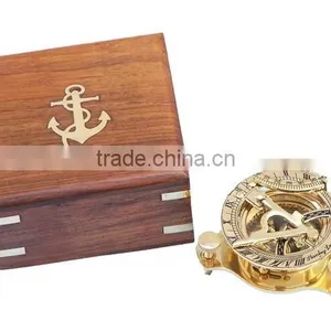 Beautiful Nautical Solid Brass Round Sundial Compass With Rosewood Box 13434 thumbnail-2