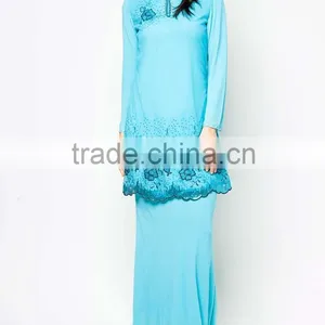 Blue Beaded Printed Made in China Long Sleeve Muslim Dress thumbnail-5
