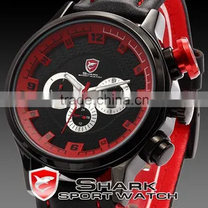 SHARK Date Day Display Stainless Steel Case Genuine Leather Strap Black Red Quartz Men's Sports Watch thumbnail-4