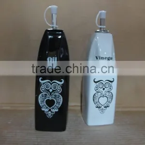 Black White Ceramic Owl Design Oil Olive and Vinegar Bottle Set thumbnail-1