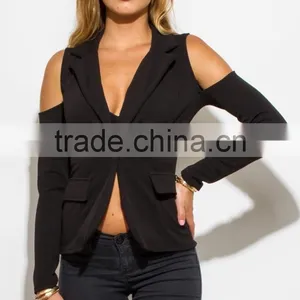 Custom Black Long Sleeve Cold Shoulder Cut Out Sexy Blazer thumbnail-2