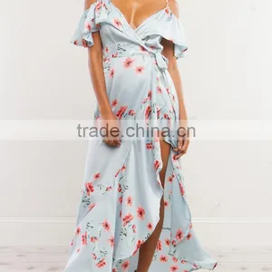 Mature Women Floral Wrap Dresses 2018 Cold Shoulder Frill Maxi Dress thumbnail-6