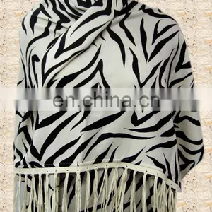 Silk Pashmina With Leather Sued Trim Shawls thumbnail-3