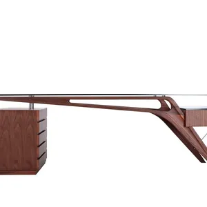Mid Century Cavour Replica Designer Office Desk Solid Walnut Wood Clear Tempered Glass Top Executive Writing Desk thumbnail-4