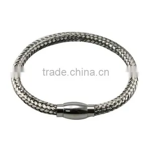Silver Tone Stainless Steel Braided Woven Cable Wire Mesh Bangle Bracelet With Magnetic Closure thumbnail-1