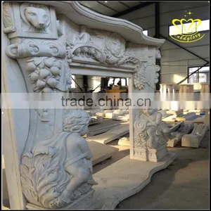 Yellow Marble Sculpture Fireplace Large Complex of Carve Patterns or Designs thumbnail-5