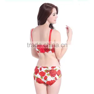 New Deep V Sexy Women Push Up Bra Set Rose Printed Seamless Wire Free Bra Set Women Underwear Set Bra and Panties thumbnail-3