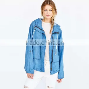 Zip up Women Denim Jacket Oversized With Hoodies and Curved Hem thumbnail-5