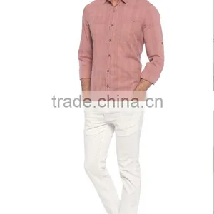 Pink Check Super Skinny Sheer Long Sleeve Buttonless Khaki Men Shirt thumbnail-3