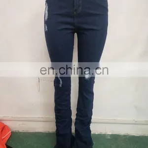 Winter Female Stacked Denim Pants Women Retro Pleated Hole Jeans Straight Trousers Fashion Casual Hole Solid Night Club Pants thumbnail-6