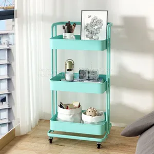 Multi-purpose 3 Tiers Hand Trolley Movable Storage Rack Metal Folding Kitchen Utility Rolling Cart With Wheels thumbnail-2