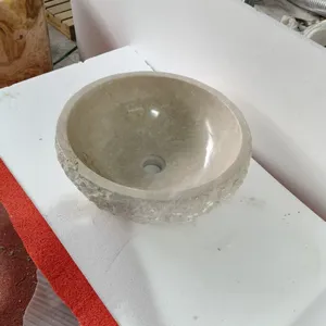 Modern Round Shape Cream Marfil Marble Stone Sink Vanity Wash Hand Basins for Home or Commercial Use Bathroom Hand Washbasin thumbnail-2