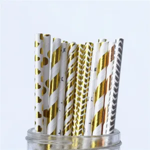 Ningbo PartyKing 25pcs Pack Metallic Gold Heart Stars Foil Stripe Paper Straws Gold Foil Stripe Paper Straws Silver Foiled Stripe Chevron thumbnail-1