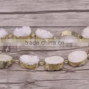 Full Strand (6pcs) Druzy Quartz Stone Beads - Gold Plated Edged Drusy Crystal Gemstone Beads thumbnail-3