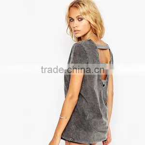 Girls Deep Grey v Neck Vintage Washed t Shirts, Short Sleeve Vintage Washed t Shirts thumbnail-2