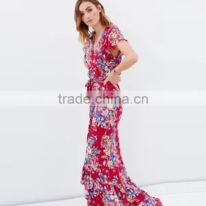 Bambi Bloom Floral Printed Short Sleeve Ruffled Maxi Wrap Dresses thumbnail-4