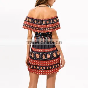 Backless off Shoulder Printed Reddish Orange Pictures Latest Women Fashion Sex Dress thumbnail-5