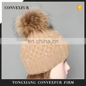 Super Natural Color Raccoon Fur Pom Pom Hats With Pearls for Ladies thumbnail-1