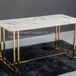 Modern Marble Top Golden Chrome Leg Long Dining Table for Restaurant thumbnail-5