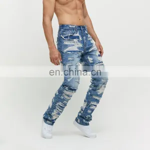 DiZNEW OEM Denim Baggy Pants Distressed Streetwear Ripped Embroidered Mens Jeans thumbnail-3