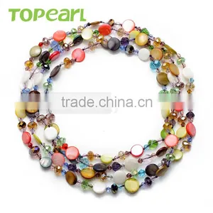 Multicolor Coin Shell Beads With Crystal Necklace 60 Inch Long GN162 thumbnail-1