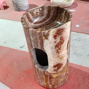 Wholesale Natural High Quality Wood-Grain Marble Stone Free Standing Pedestal Sink Hand Wash Basin for Home Garden and Villa thumbnail-2