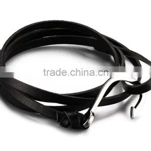 Wholesale High Quality Fashion Jewelry Unisex Braided Leather Bracelet Stainless Steel Hook Leather Bracelet thumbnail-1