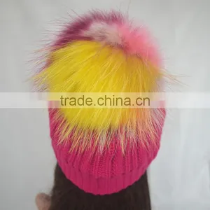 Myfur Rose Color Girls Winter Wool Hat With Removable Raccoon Fur Pom Pom thumbnail-3