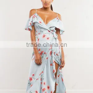 Mature Women Floral Wrap Dresses 2018 Cold Shoulder Frill Maxi Dress thumbnail-5