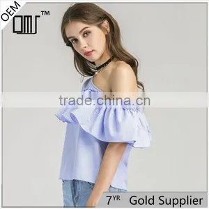 HOT Style Plaid Flouncing Short Sleeve, Women Sexy One-shoulder Blouse thumbnail-1