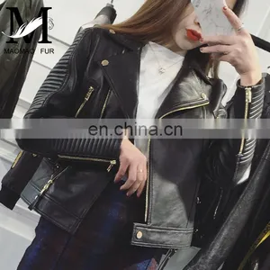 Wholesale Spring Female Long Sleeve Short Beaded Motorcycle Jacket Excelled Leather Jacket thumbnail-2
