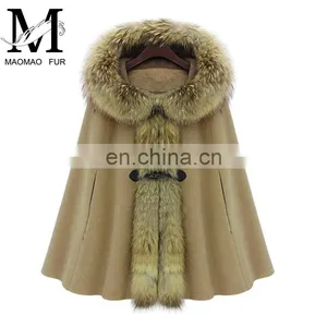 Great Quality Wool Shawl Coat Genuine Raccoon Fur Cape With Fur Hood thumbnail-6