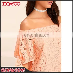 Women New Top Design Lovely Short Sleeve Off-the-Shoulder Peach Lace Top thumbnail-3