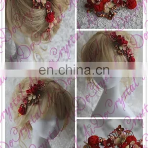 Aidocrystal Marsala Burgundy Hair Accessory Red Floral Hair Comb Hair Flower With Leaves Wedding Fascinators for Women thumbnail-4