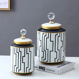 European Simple Style Black Labyrinth Pattern Ceramic Flower Vases With Crystal Lid For Home Decoration thumbnail-5