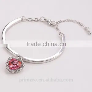 Fashion Ocean Blue Sliver Plated Crystal Rhinestone Heart Charm Bracelet Bangle thumbnail-4