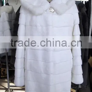 Long White Rex Rabbit Fur Jacket With Mink Trim thumbnail-1