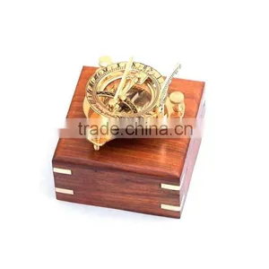 Beautiful Nautical Solid Brass Round Sundial Compass With Rosewood Box 13434 thumbnail-3
