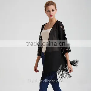 Women Kimono Sleeve Fringe Hemmed Lace Jacket thumbnail-1