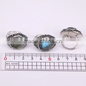 Natural Labradorite Ring, Metal Plated Silver Ring, Pave Setting Crystal Jewelry Finger Druzy Gem Stone Ring thumbnail-4
