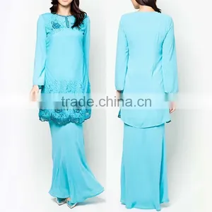 Blue Beaded Printed Made in China Long Sleeve Muslim Dress thumbnail-1