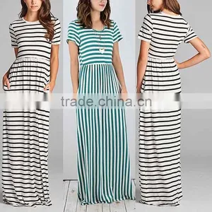 Elegant Long Nightgowns Black & White Stripe Short Sleeve Hidden Pockets Scoop Neck Gown Dresses Evening Muslim Dress Maxi thumbnail-1