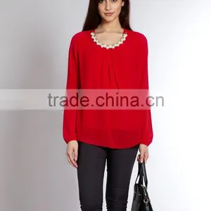 Necklace Detail Red Chiffon Top,china Top Ten Selling Products,girls Fancy Top thumbnail-1