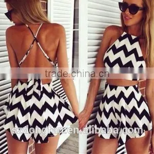 Wholesale Women Clothing Women Summer Dress Striped Playsuit Summer Style Shorts Backless Sexy Jumpsuit Crop Top and Skirt Set thumbnail-1