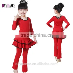 New Girls Kid Latin Performance Tops And Pants Suit Child Long Sleeve Back V-neck Cross Dance Costumes thumbnail-1