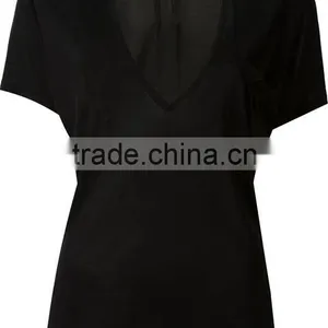 Custom Womens V Neck Blank Plain T Shirts,Pure Black Cotton V Neck T-Shirts For Women thumbnail-2