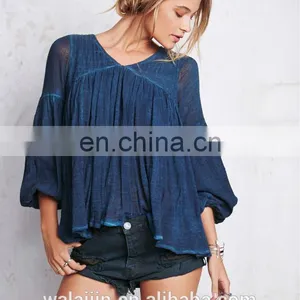High Quality 3/4 Sleeve Cotton Yarn Babydoll Shirt , Ladies Gauze Shirt thumbnail-4