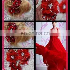 Aidocrystal Red Gradient Gem Combs the Bride Lace Flannelette Handmade Hair Accessories thumbnail-1