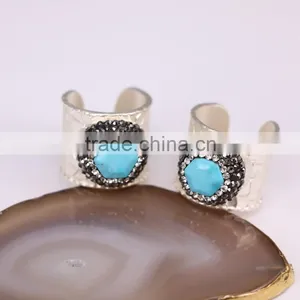 Green / BlueColor Turquoise Druzy Rings, Metal Silver Plated Wide Band Pave Crystal Zircon Faceted Turquoise Jewelry Finger Ring thumbnail-6
