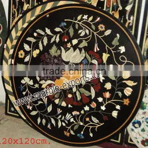 Black Inlaid Pietra Dura Round Table Top thumbnail-1